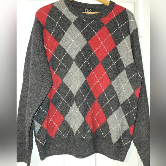 JOS. A. BANK Argyle 80% Lambswool Blend Sweater Size Large Red Gray - Picture 1 of 4